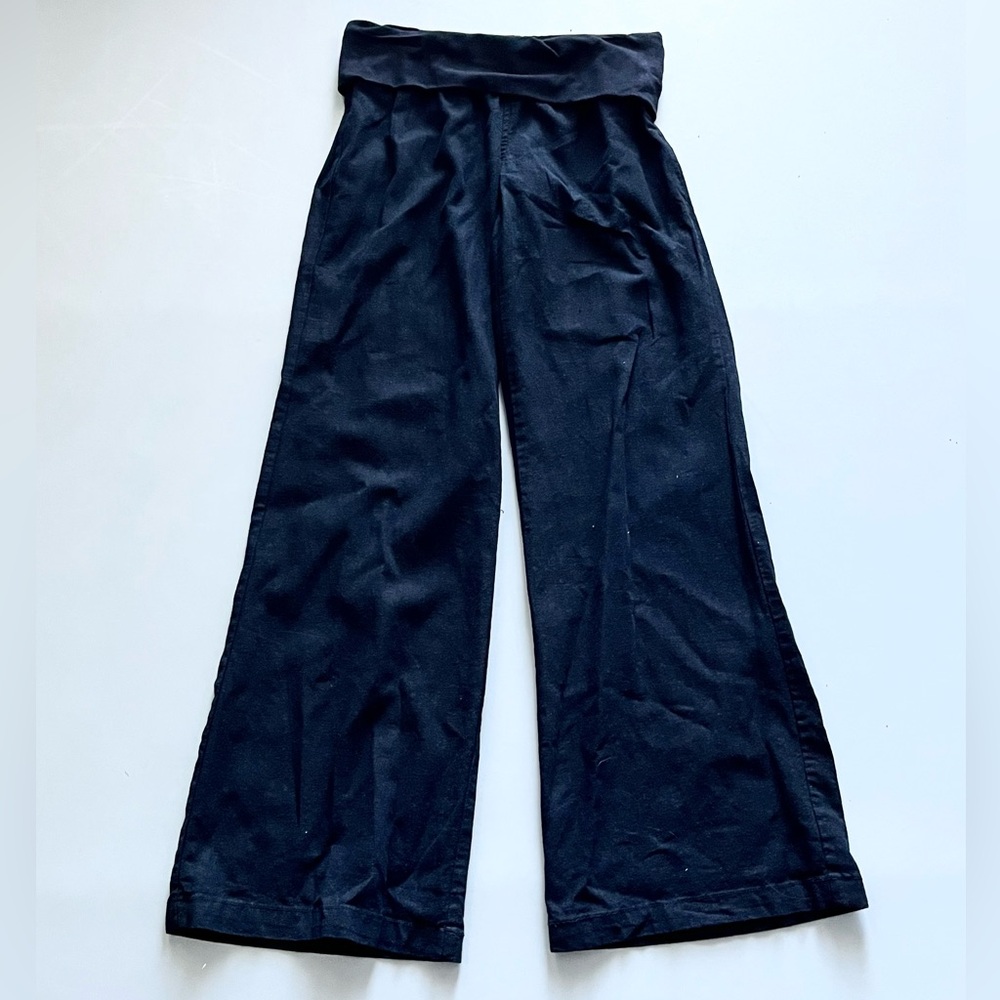 Old Navy Black Linen Soft Foldover Waistband Double Back Pocket Wide Leg Pants